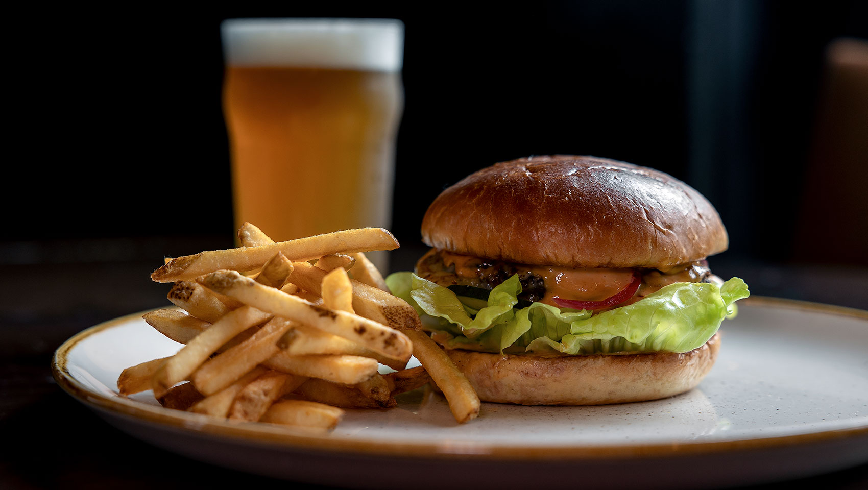 burger and beer at copper grouse