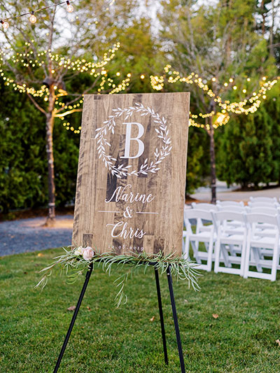 Wedding entrance sign on wood